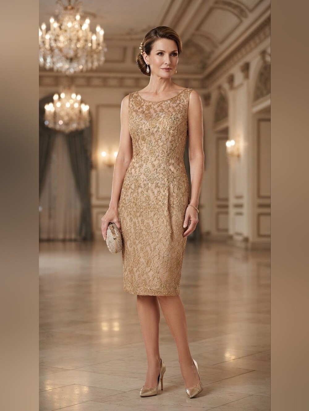 Vintage Carmen Marc Valvo Gold Beaded Lace Sheath Dress, Sz 10 Formal Evening